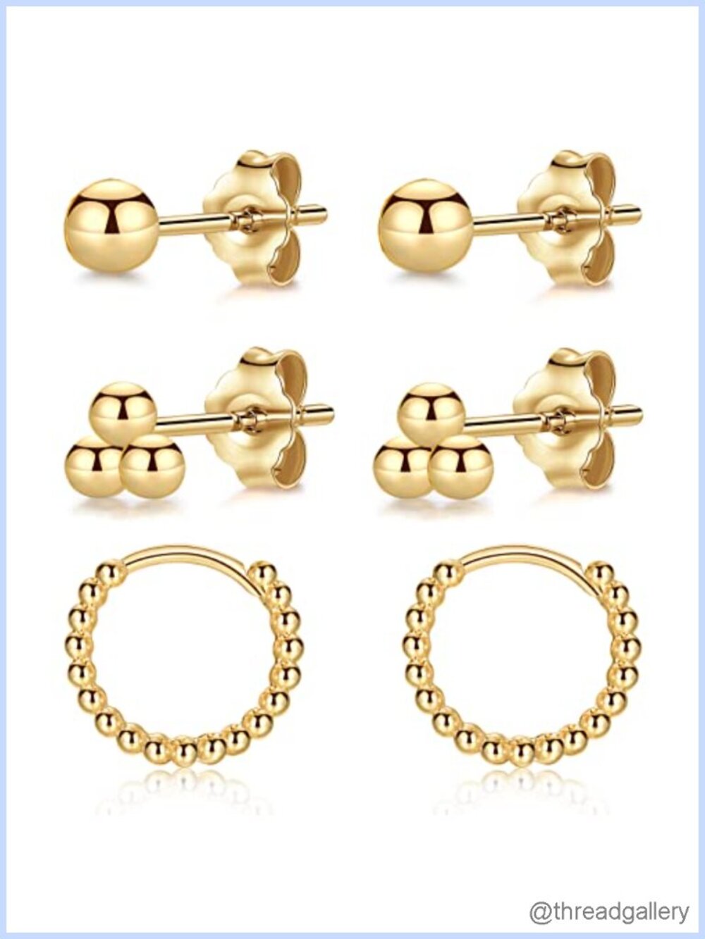 Sterling Silver Post Beaded Huggie Hoop & Ball Stud Earrings Set Hypoallergenic